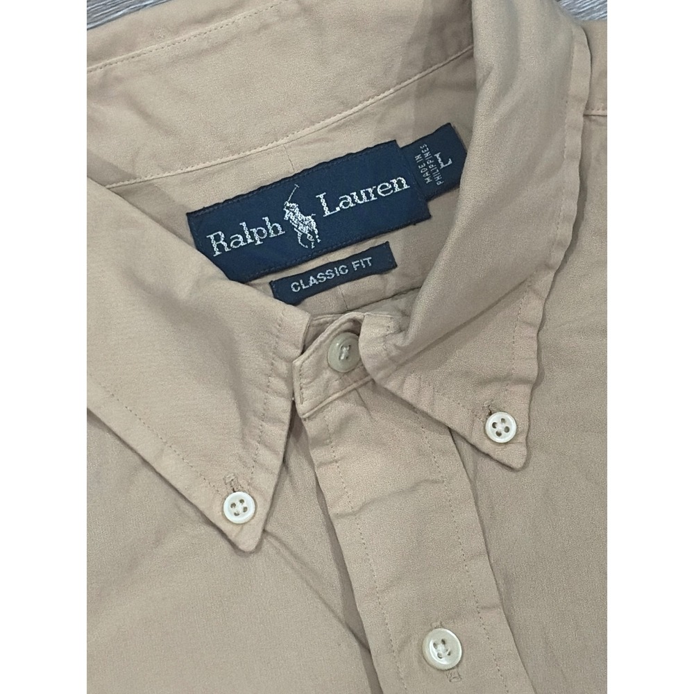 Ralph Lauren Mens Classic Fit Short Sleeve Button Down Shirt Tan Khaki Large